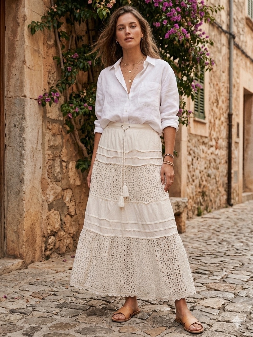 Y2K Juicy Couture Cream Tiered Eyelet Maxi Skirt
